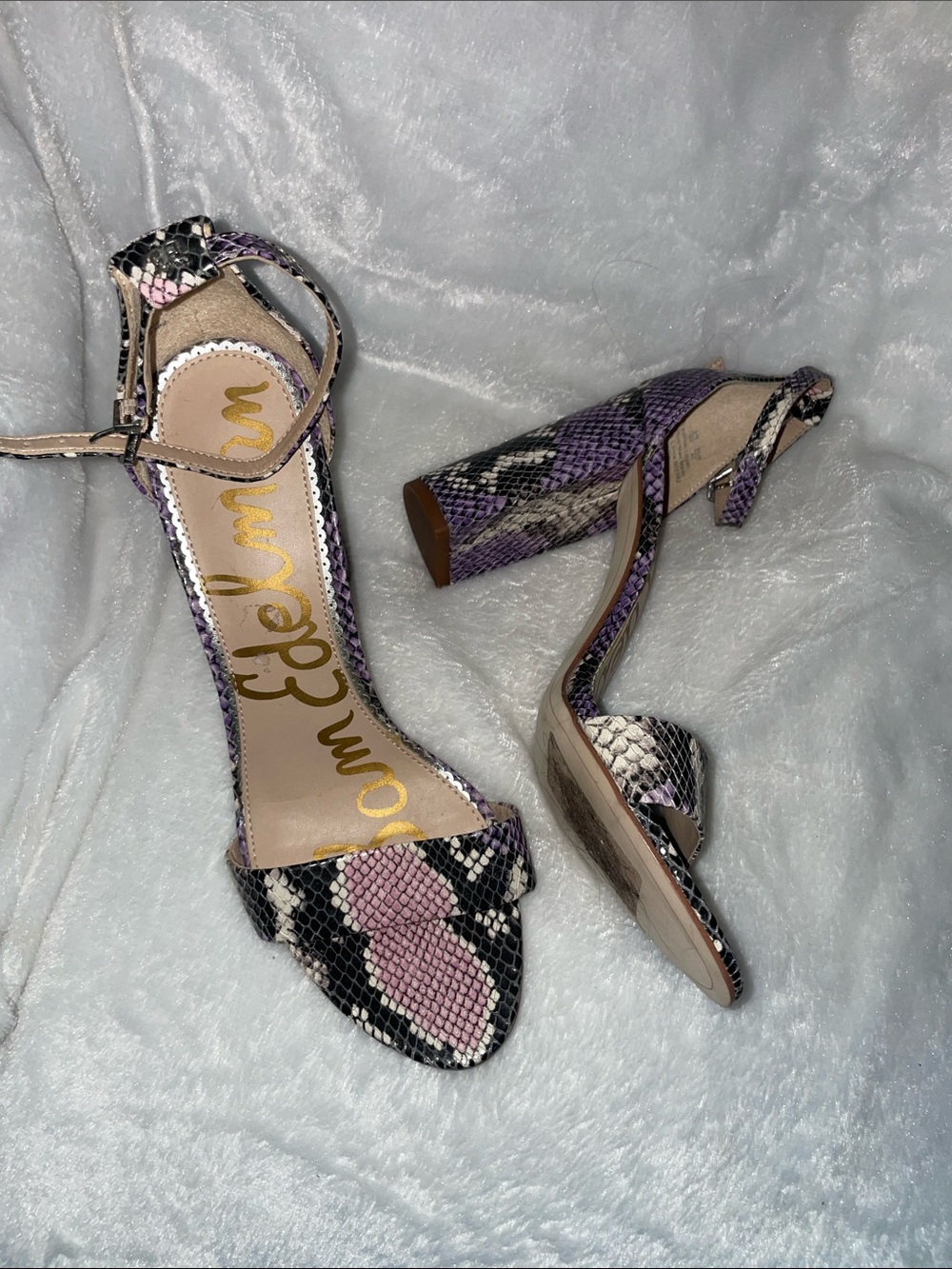 Sam Edelman Pink & Purple Snake-Print Block Heel Sandals